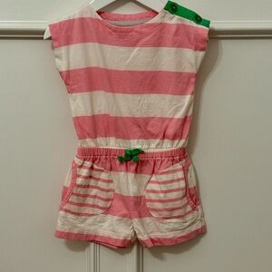 Mini Boden Pink and Cream Striped Romper with Green Accents